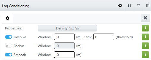 A screenshot showing the Blueback Well Ties log conditioning in simple mode