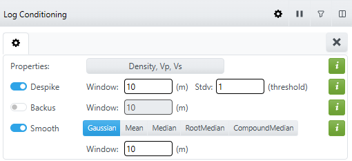 A screenshot showing the Blueback Well Ties Log Conditioning options in advanced mode