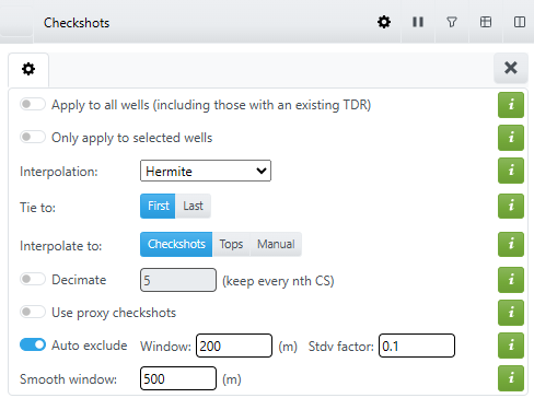A screenshot showing the Blueback Well Ties Checkshots options in advanced mode